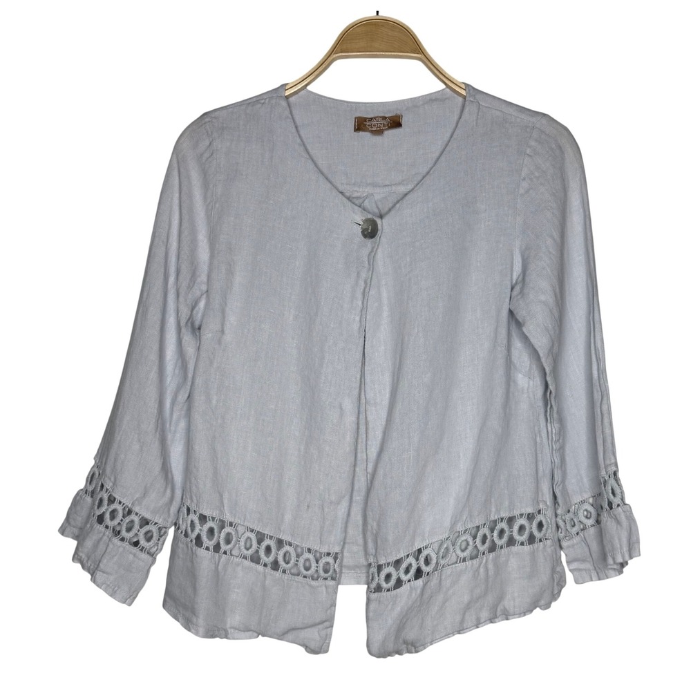 Carla Conti Italy Linen Jacket M Blue Cropped Crochet Trim Button Front